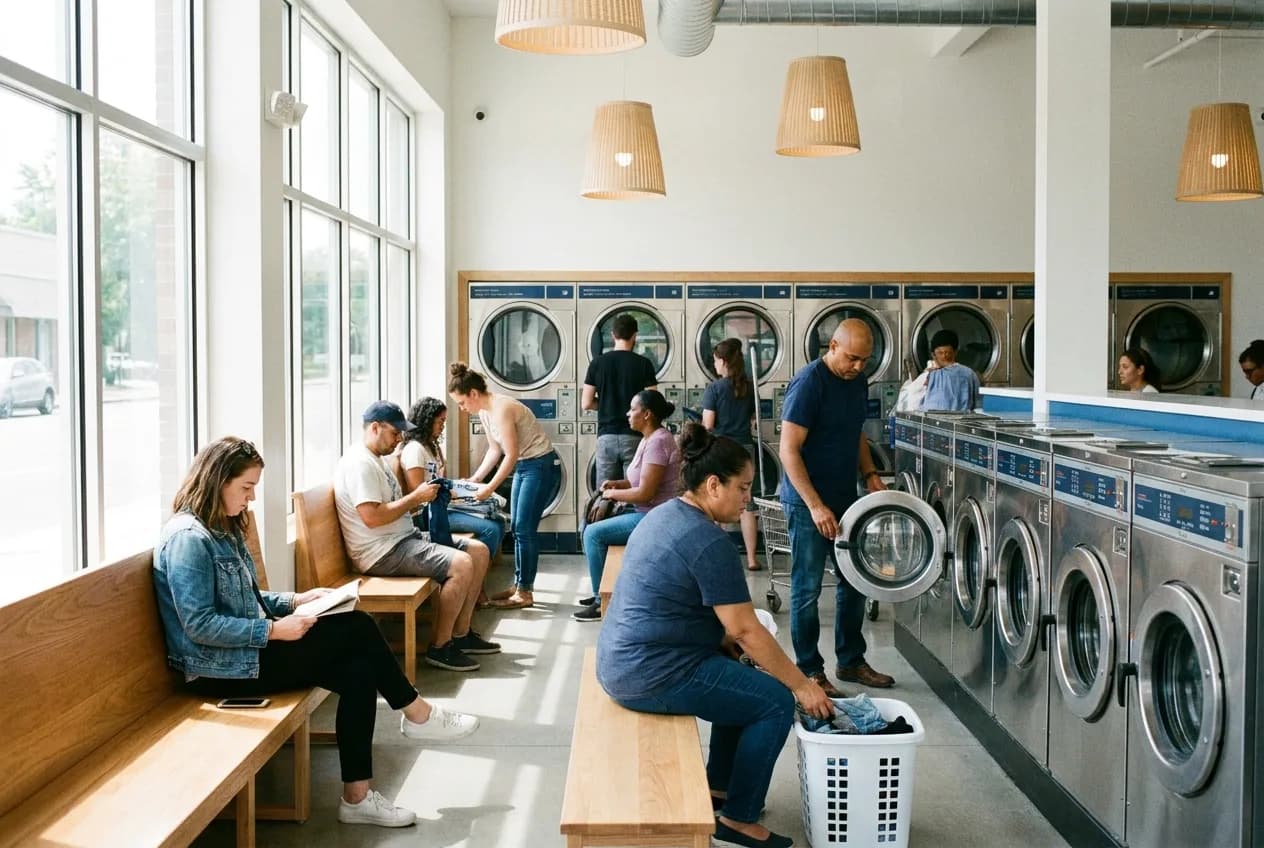 Modern American self-service laundromat busy with diverse customers in daytime light