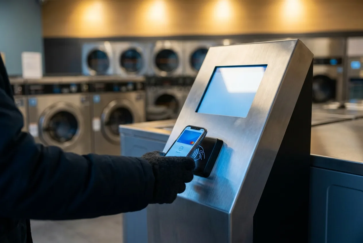 Customer paying at a card and app-enabled laundromat kiosk