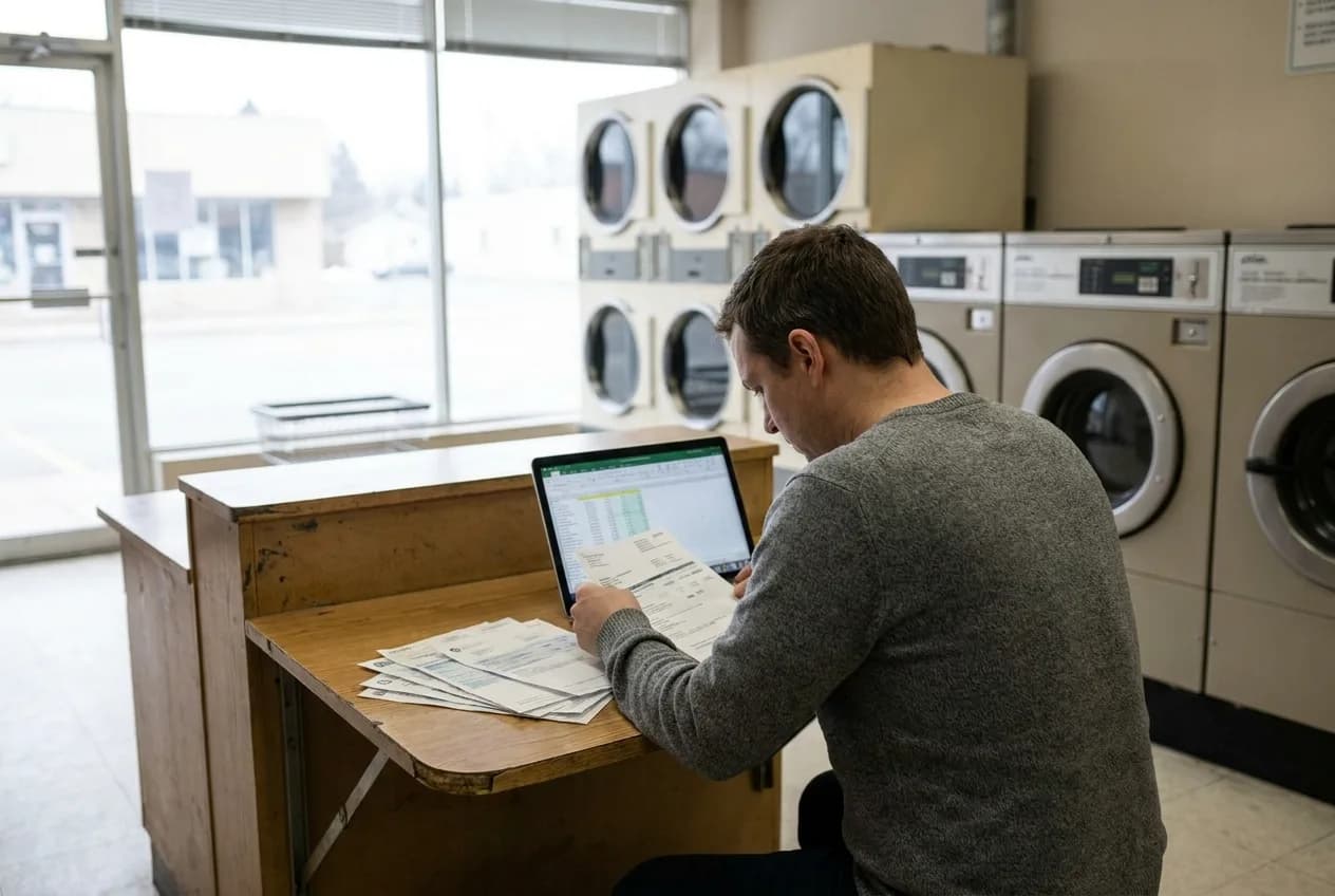 Prospective buyer reviewing laundromat utility bills and financials at a counter