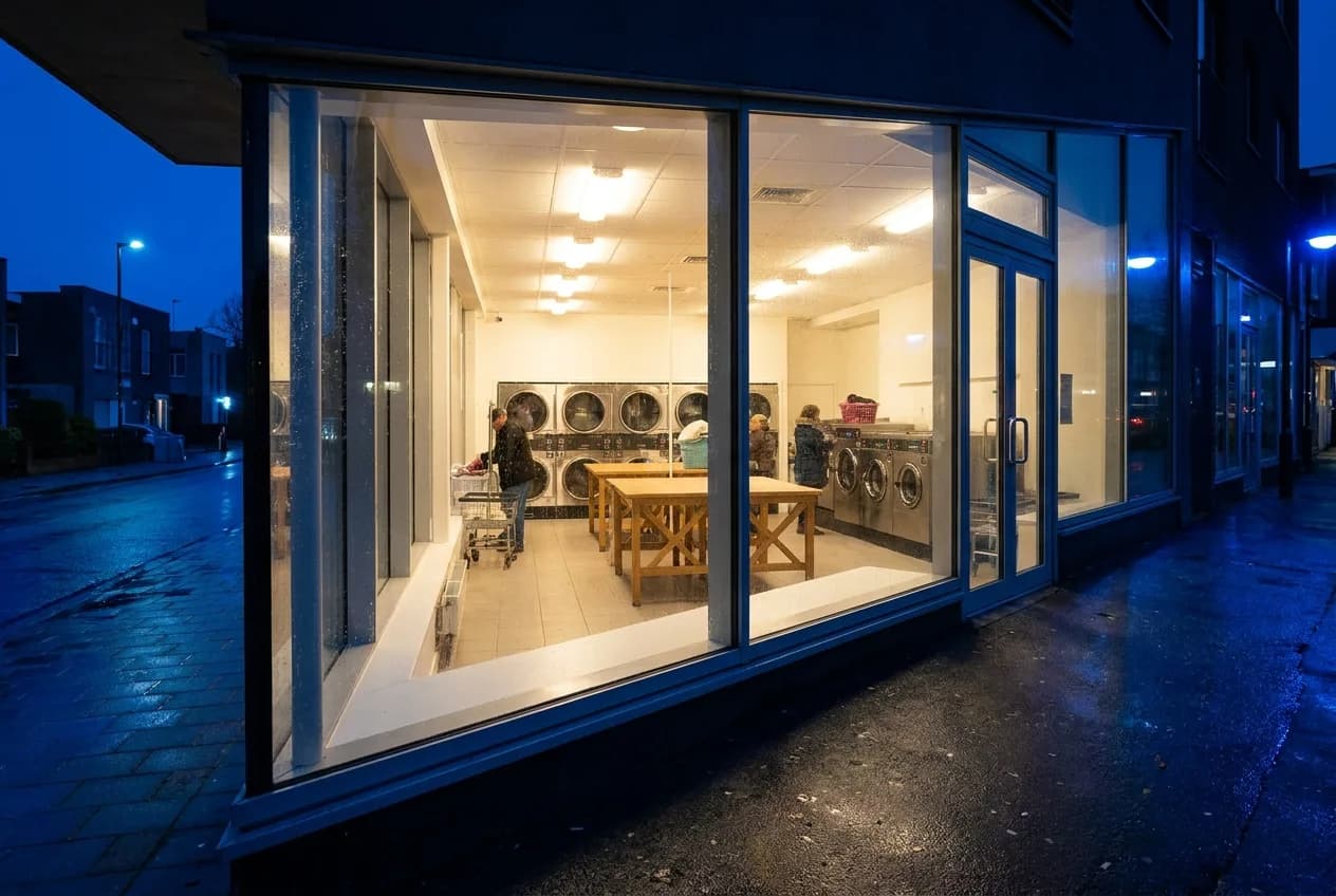 Bright, evenly lit modern laundromat interior at dusk seen from the street