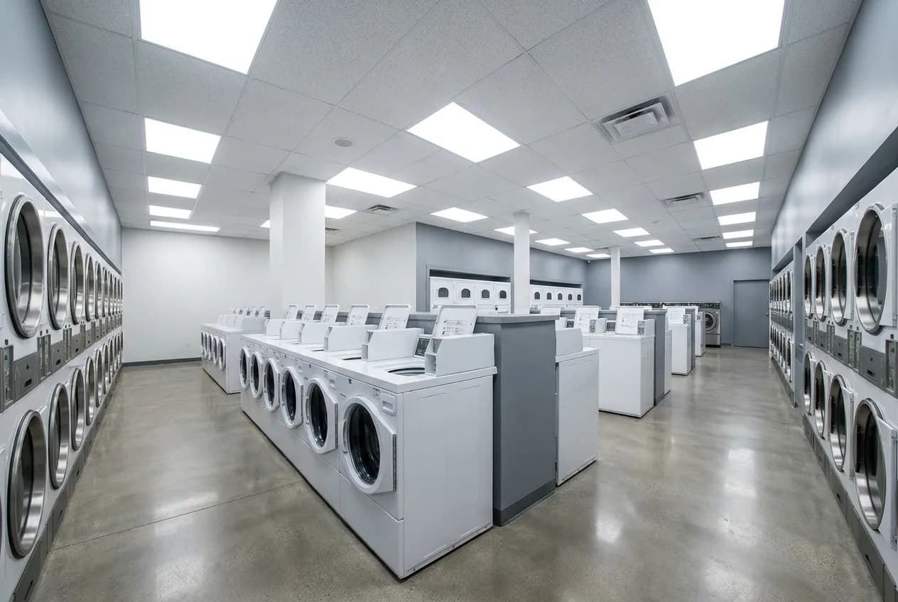 Uniform overhead LED lighting across rows of laundromat machines