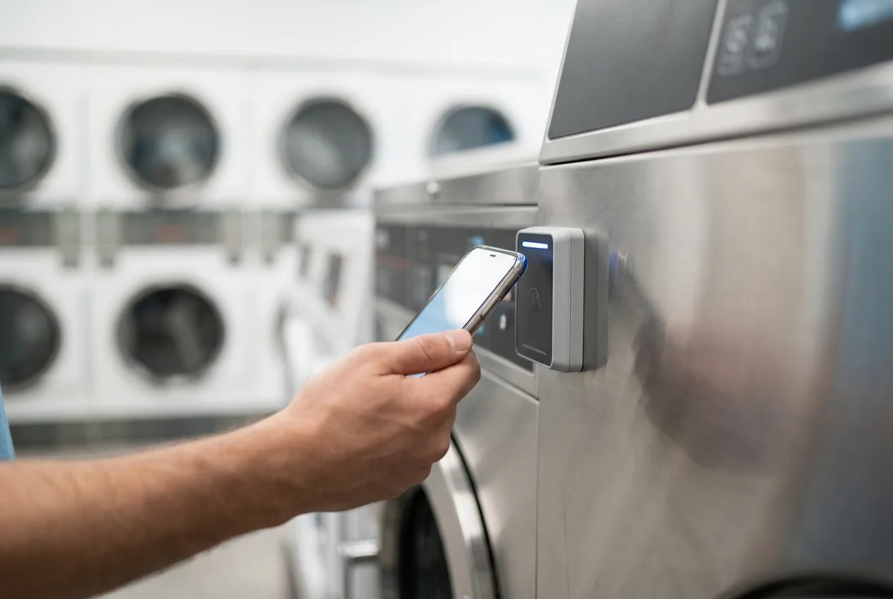 Laundromat customer tapping a phone against a payment reader on a washer