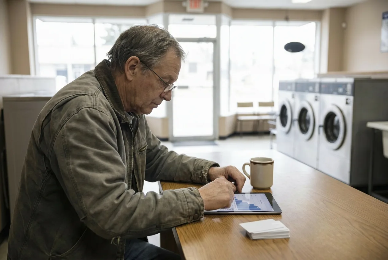 Owner reviewing a loyalty dashboard on a tablet at the laundromat counter