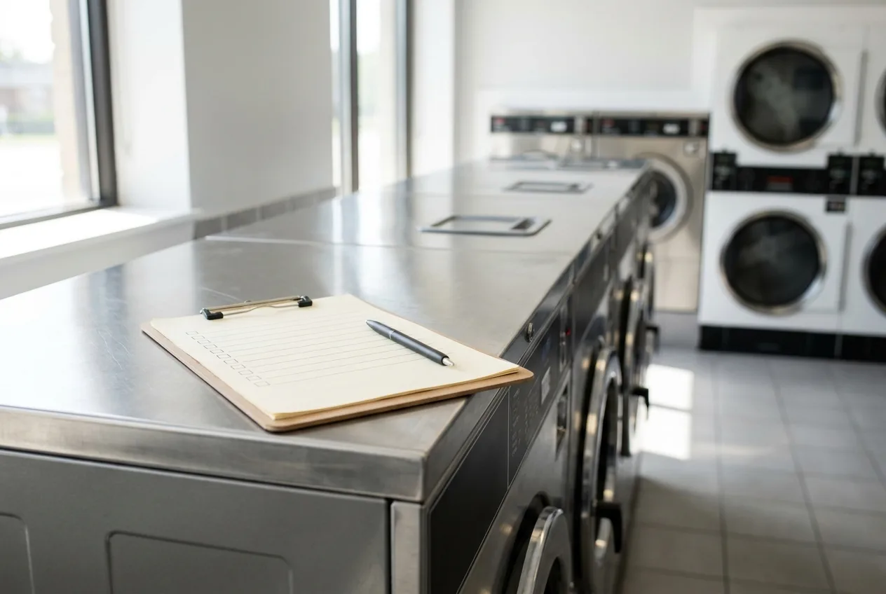 Laundromat maintenance checklist on a clipboard beside a row of front-load washers