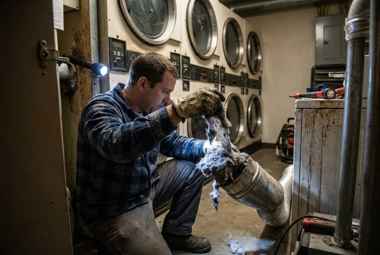 Technician clearing built-up lint from a commercial dryer vent connection