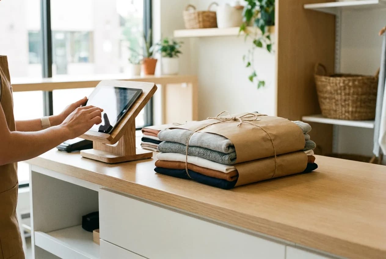 Laundromat service counter with a tablet point-of-sale and folded orders