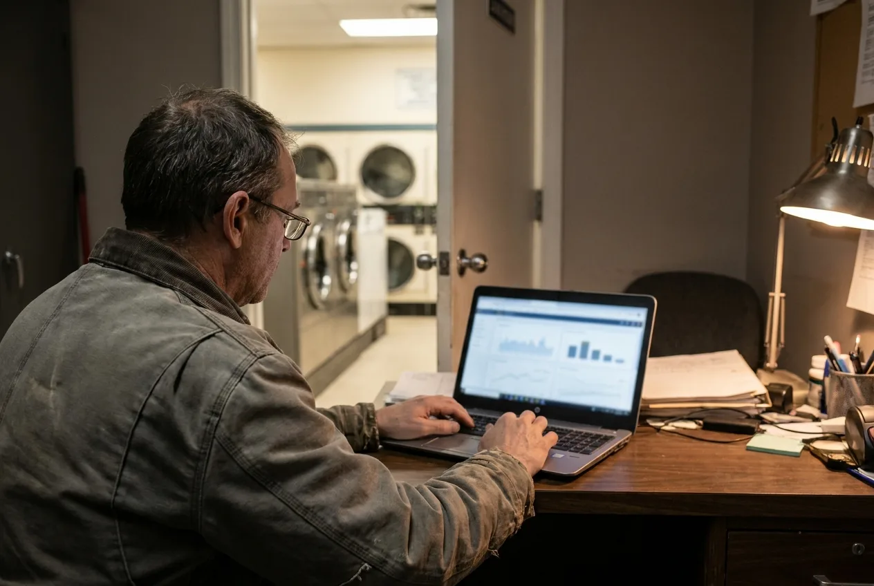 Operator reviewing a laundromat revenue dashboard on a laptop