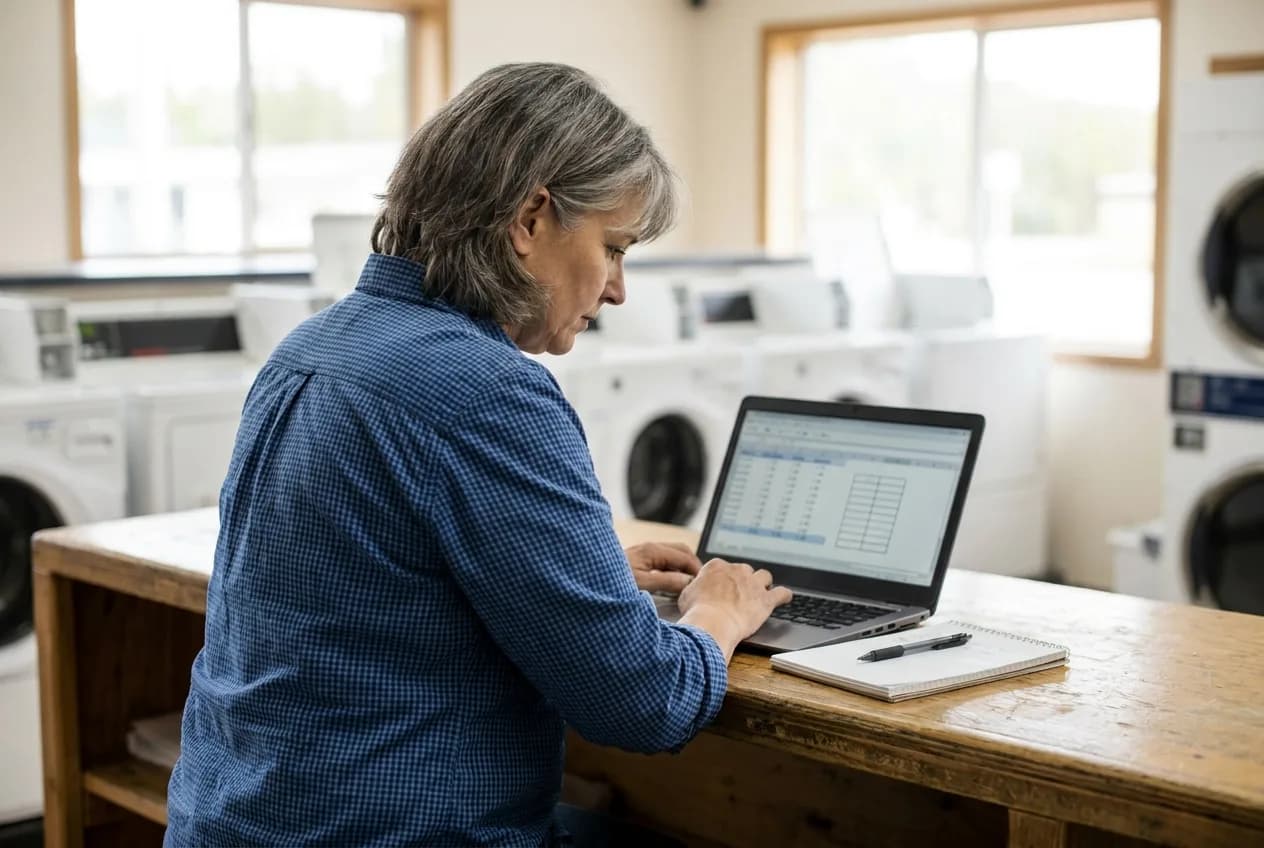 Laundromat owner reviewing a payroll summary on a laptop at the front counter
