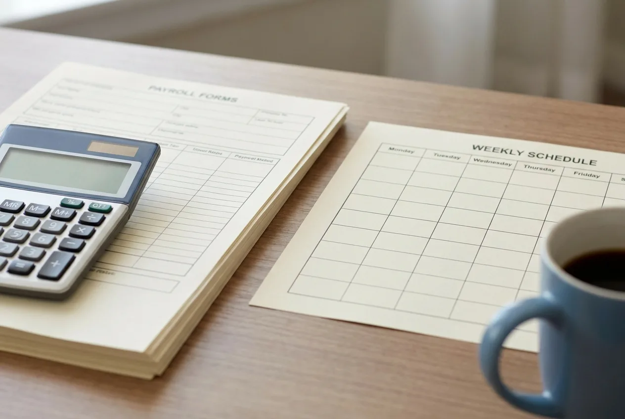 Payroll paperwork and a calculator on a desk beside a laundromat attendant schedule