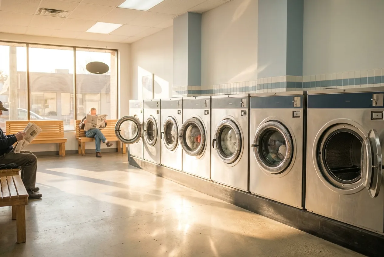 Front-load washers running in a bright laundromat during a quiet mid-morning