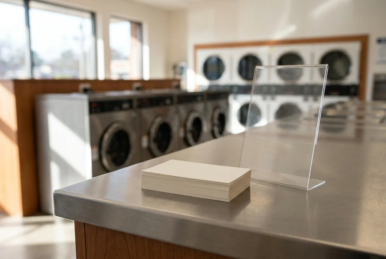 Loyalty punch cards and a small sign holder on a laundromat counter