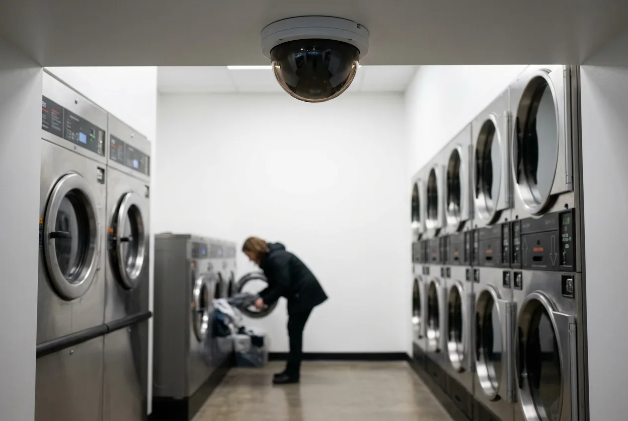 Wide view of a bright laundromat interior with ceiling security cameras over machine rows