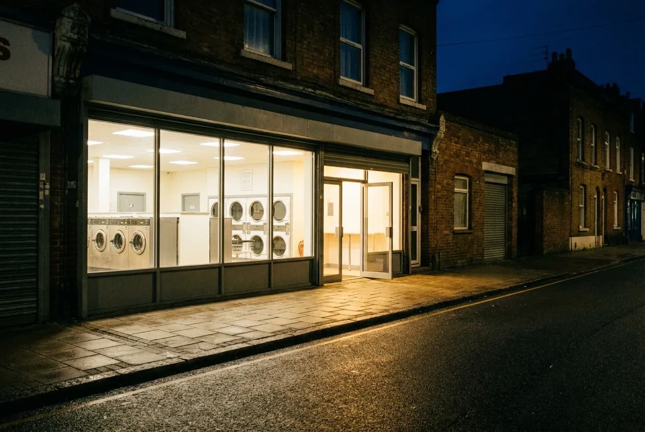Nighttime storefront of a well-lit laundromat glowing brightly against a dark street