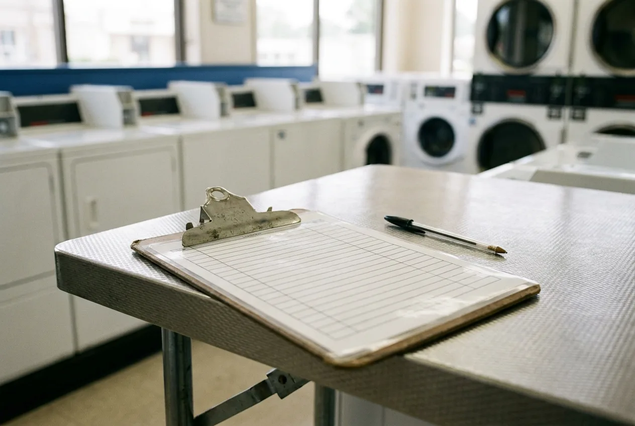 Laminated laundromat opening checklist clipped near a folding counter