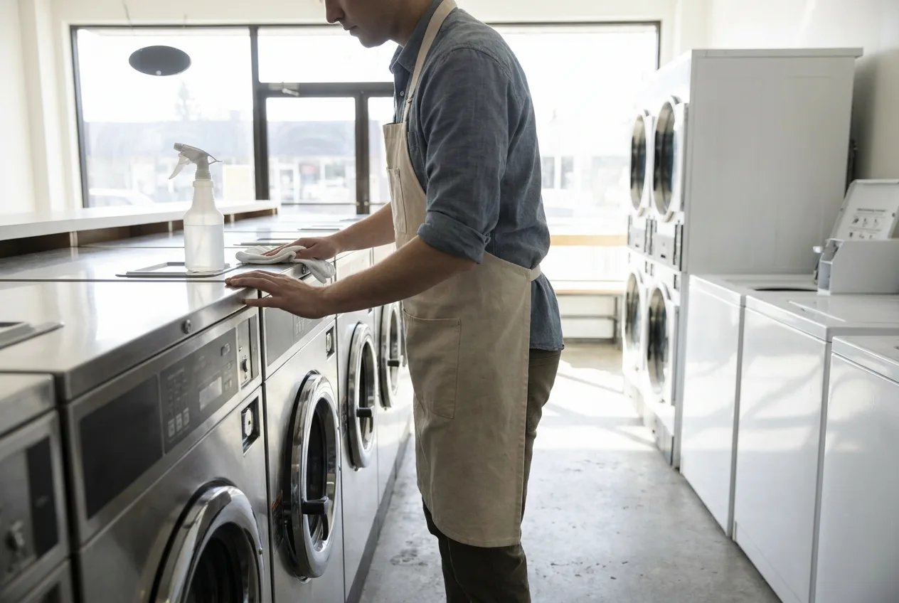 Attendant wiping down machines during a daily cleaning routine