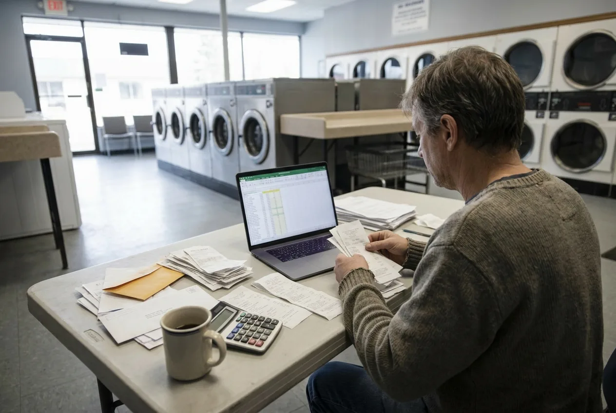 Laundromat owner organizing receipts and financial records at a folding counter