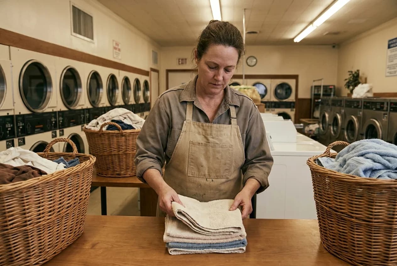 Laundromat attendant folding wash-and-fold orders during a staffed shift
