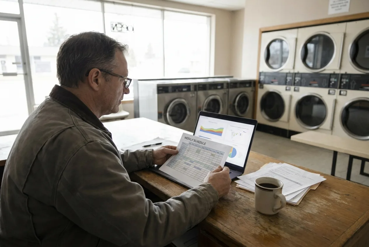 Owner reviewing a labor schedule against machine turn data on a laptop