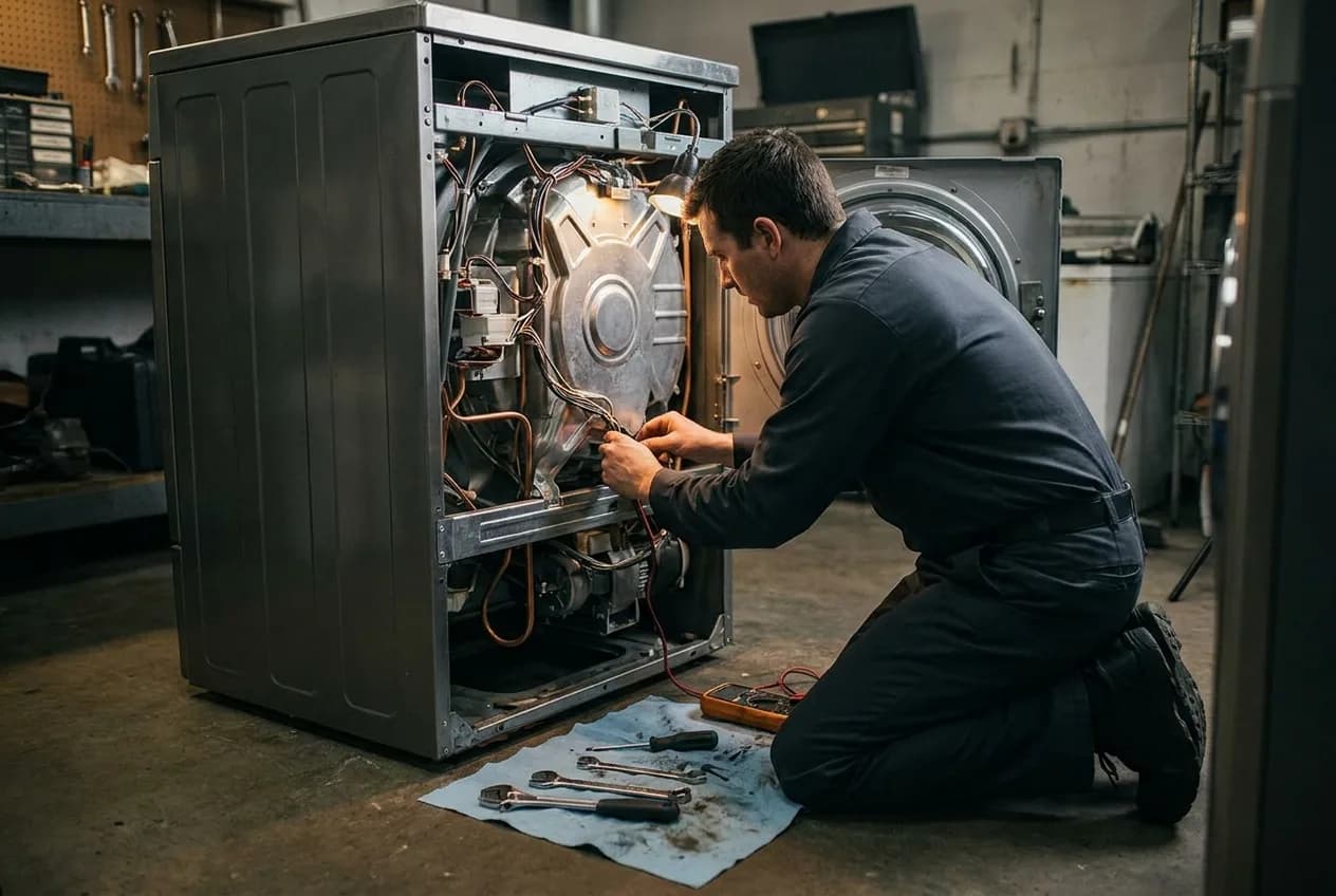 Maintenance technician servicing the back panel of a commercial washer in a laundromat