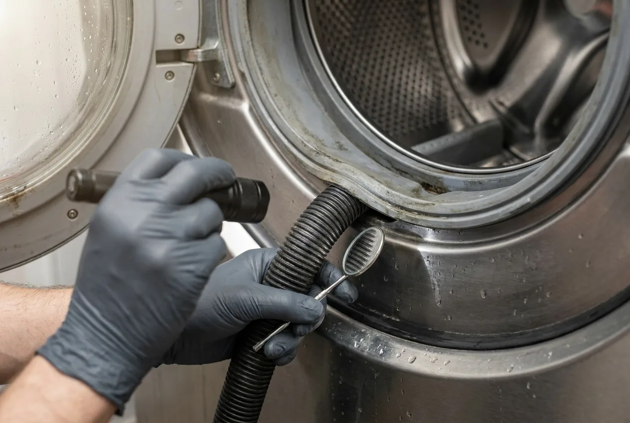 Close view of commercial washer drain hoses and door seal being inspected