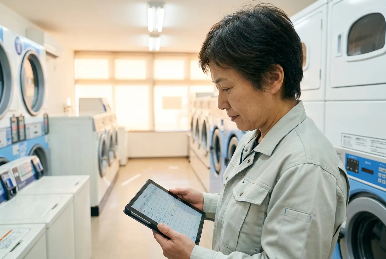 Operator reviewing a preventive maintenance schedule on a tablet in a laundromat