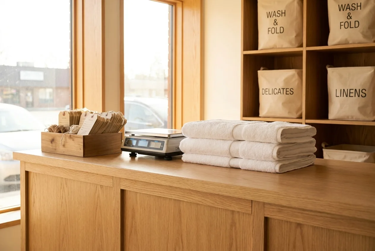 A laundromat counter set up for drop-off services with a scale and shelving