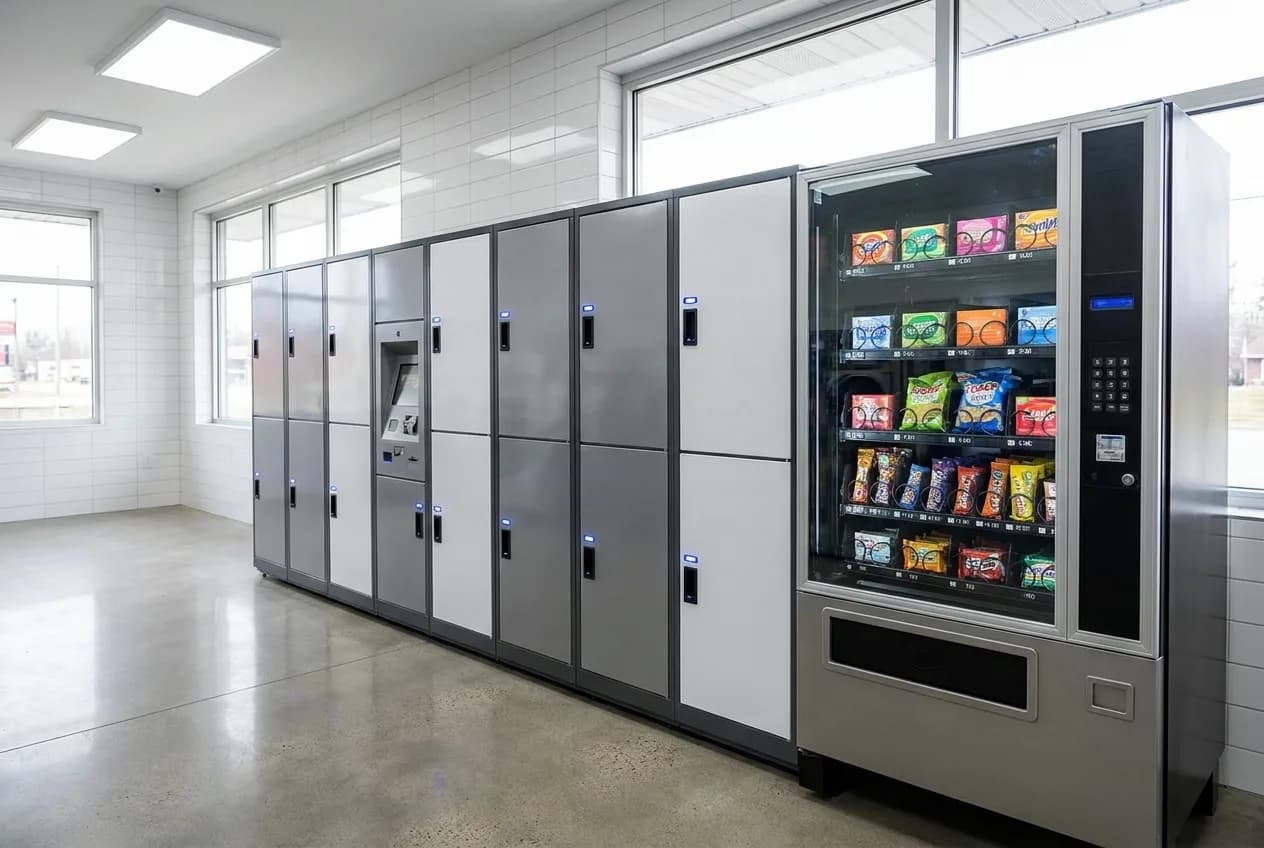 A wall of self-service lockers and vending machines inside a bright laundromat