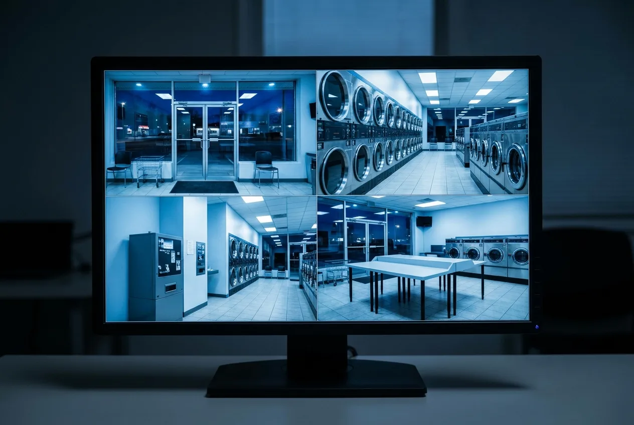Grid of security camera views showing different areas of a clean laundromat