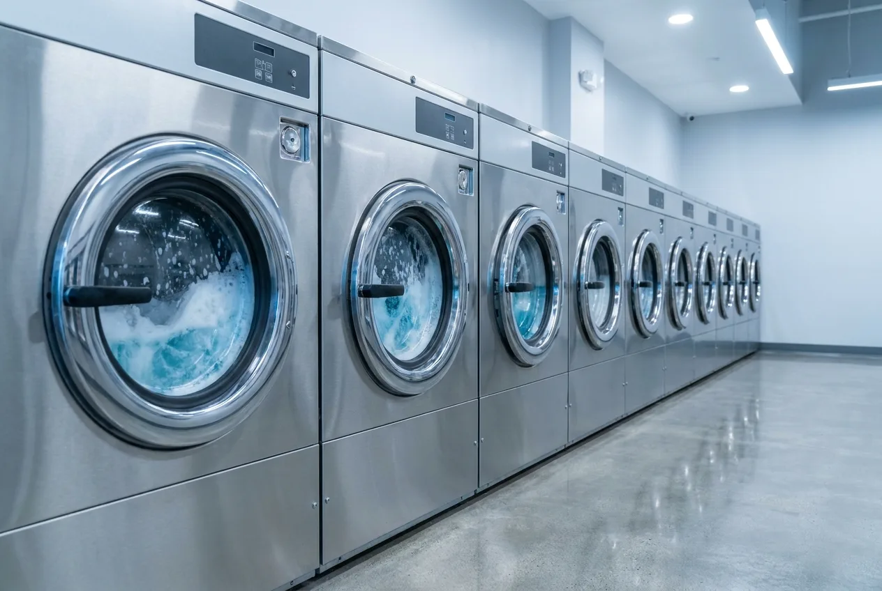 Rows of high-efficiency front-load washers running in a clean modern laundromat
