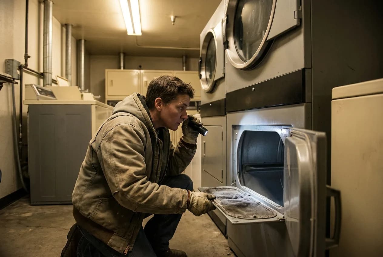 Owner inspecting a dryer lint trap and vent during routine maintenance