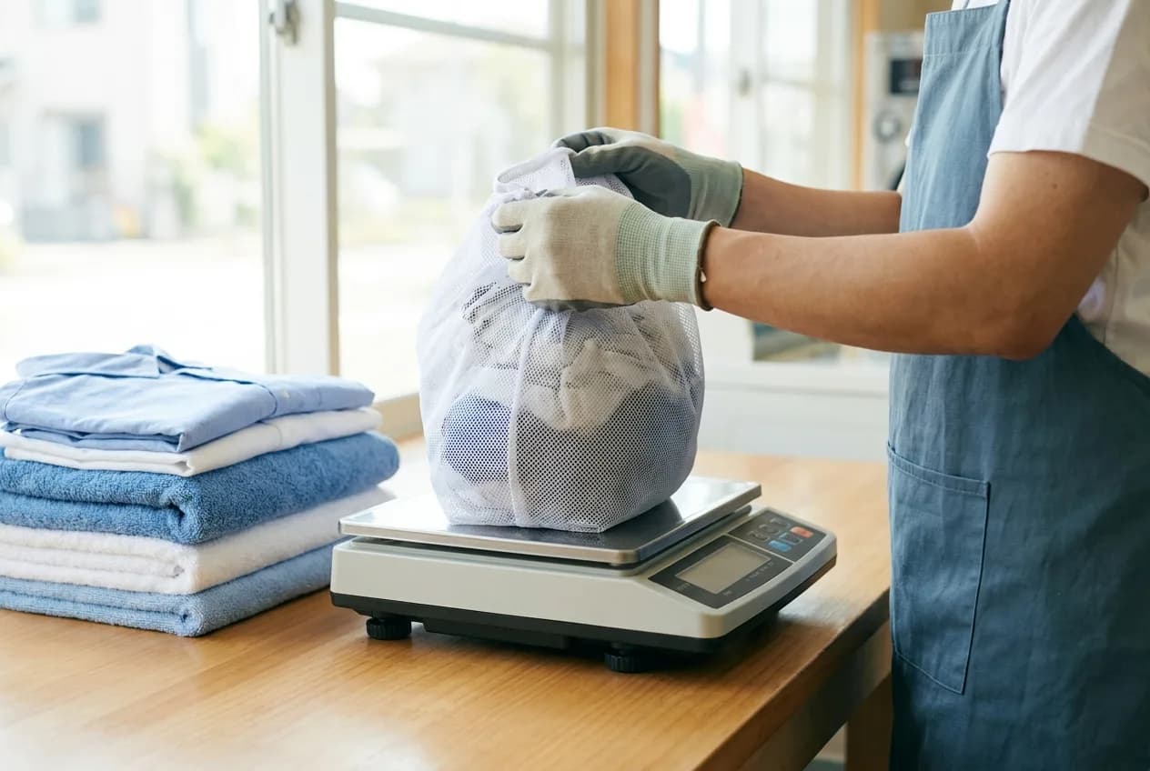 Wash-and-fold attendant weighing a bag of laundry on a counter scale