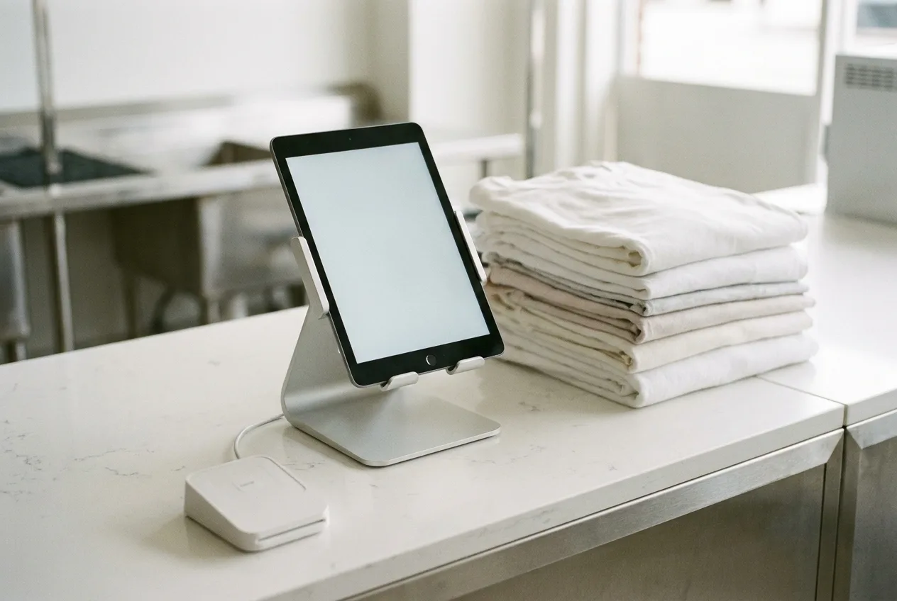 Laundry service counter with a point-of-sale tablet and neatly folded laundry