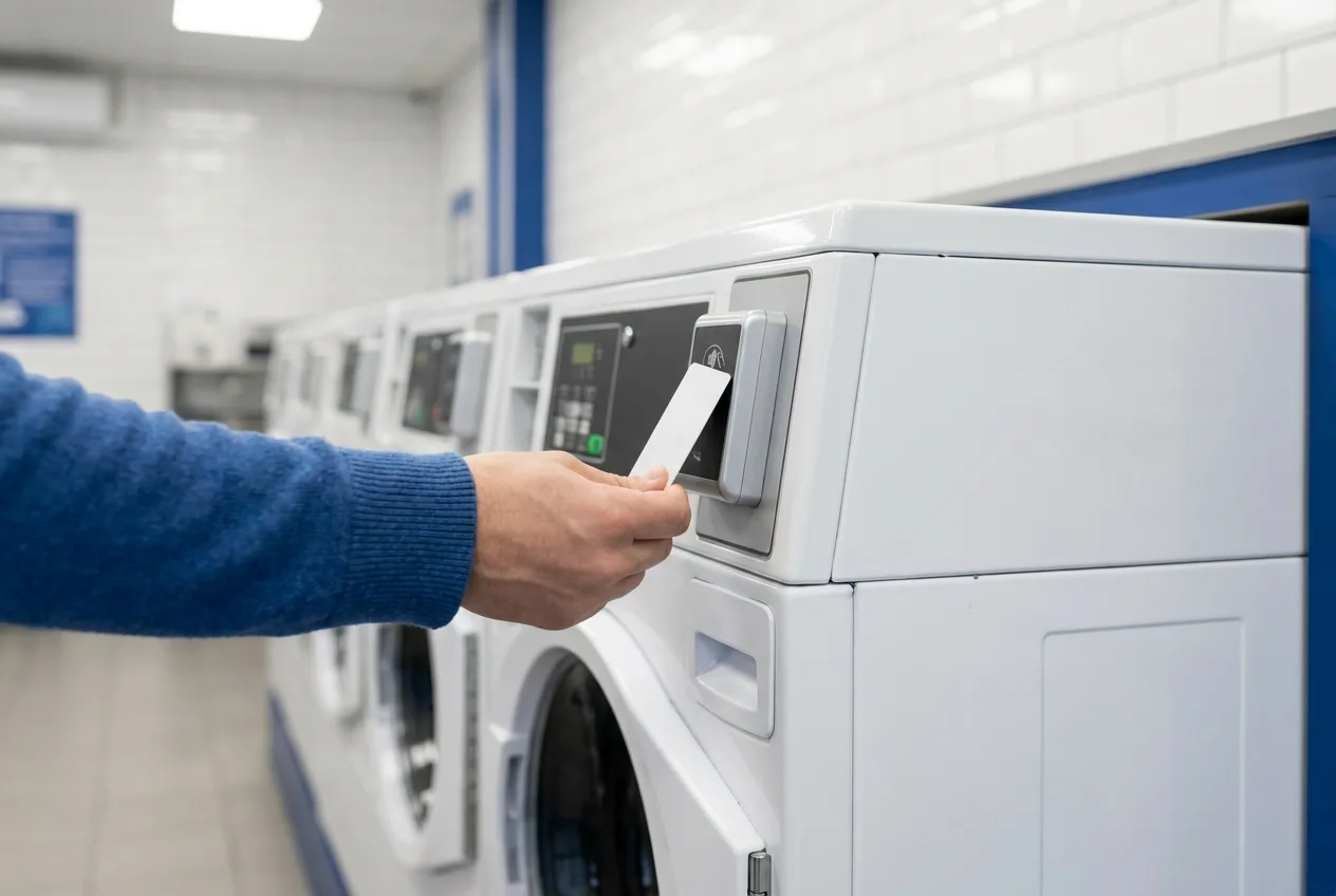 Customer paying at a card reader mounted on a commercial washer in a laundromat