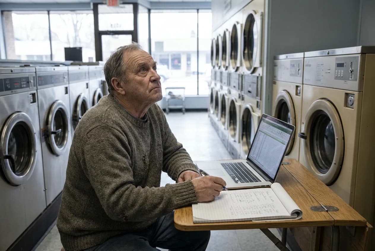 Owner comparing payment-system costs on a laptop at a quiet laundromat