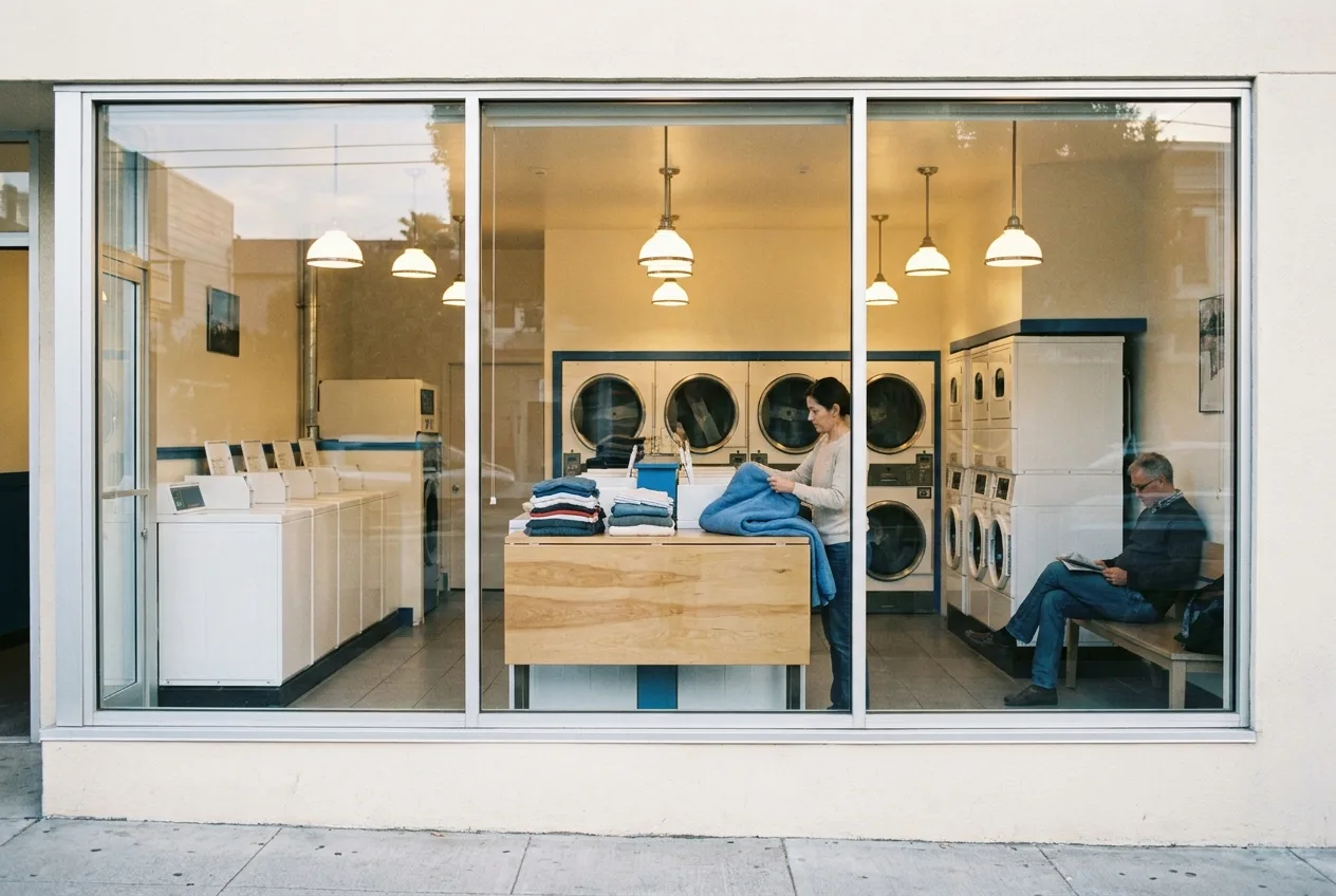 Storefront window of a bright neighborhood laundromat seen from the sidewalk