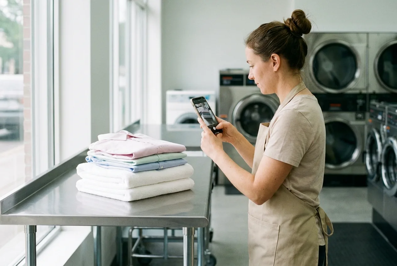 Attendant photographing a neatly folded stack of laundry on a counter with a phone