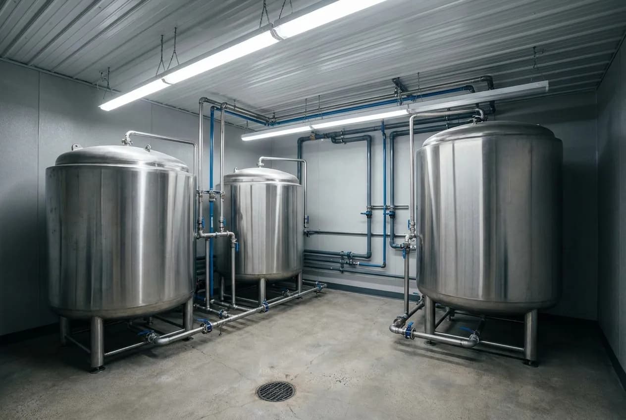 Water reclamation and filtration tanks in a laundromat back room