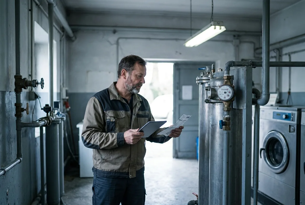 Laundromat owner reviewing water usage data with reclamation equipment nearby