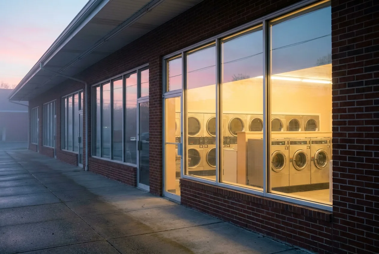 Laundromat storefront lit in early morning before customers arrive
