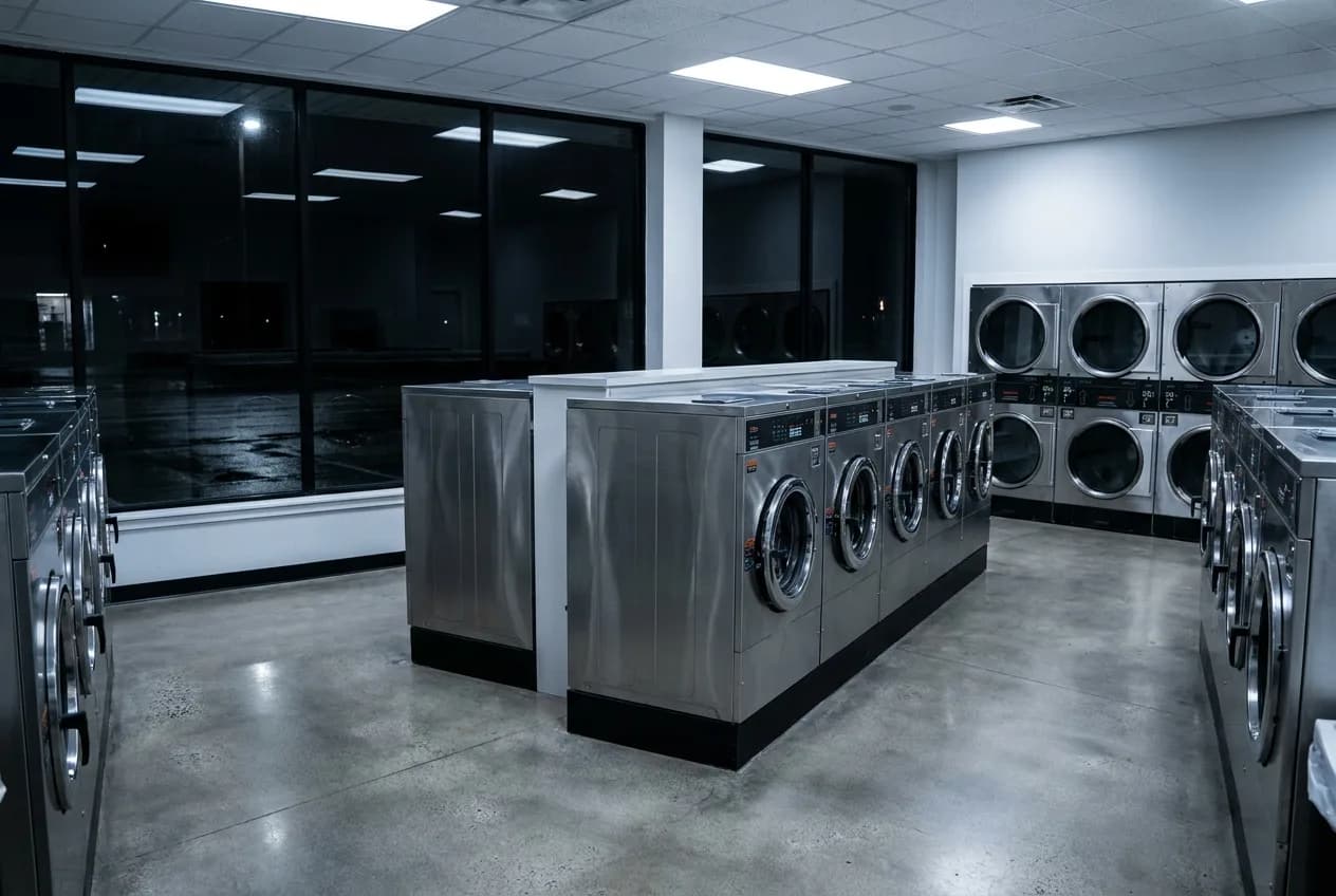 Empty laundromat interior late at night with machines idle and lights on