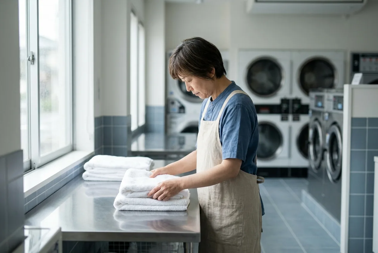 Laundromat attendant folding towels at a folding counter in a bright store