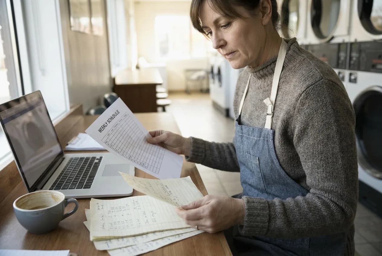 Owner reviewing a weekly staffing schedule and revenue notes at a counter