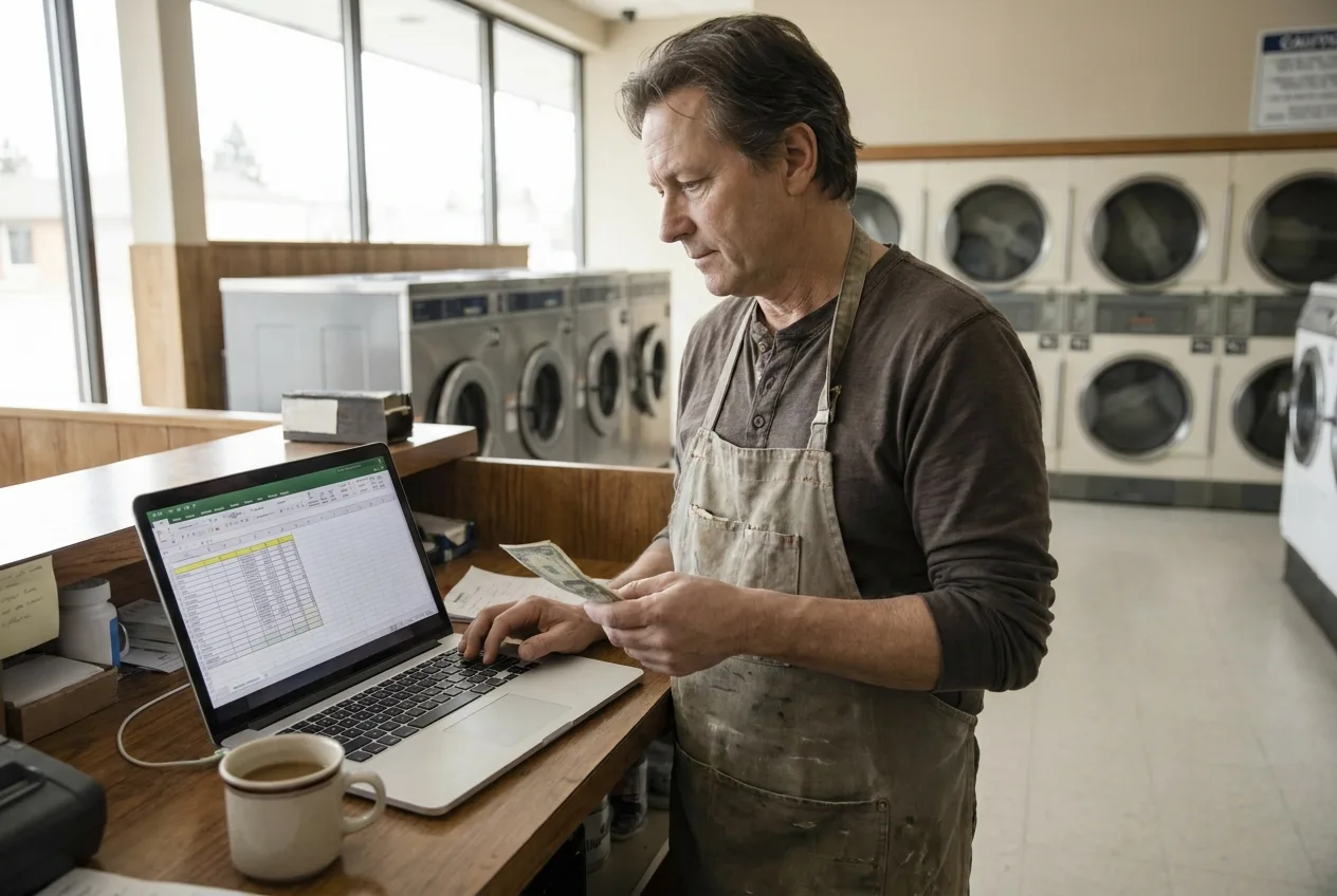 Laundromat owner comparing a utility bill and vend prices at the counter