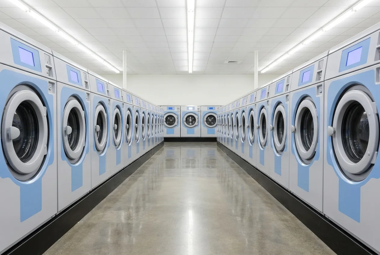 Rows of front-load washers with vend-price displays in a bright laundromat