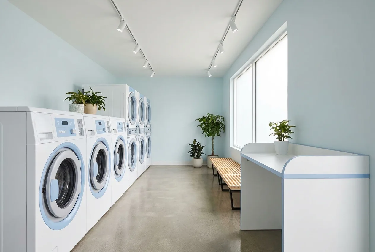 Bright freshly painted laundromat interior with new seating and updated lighting