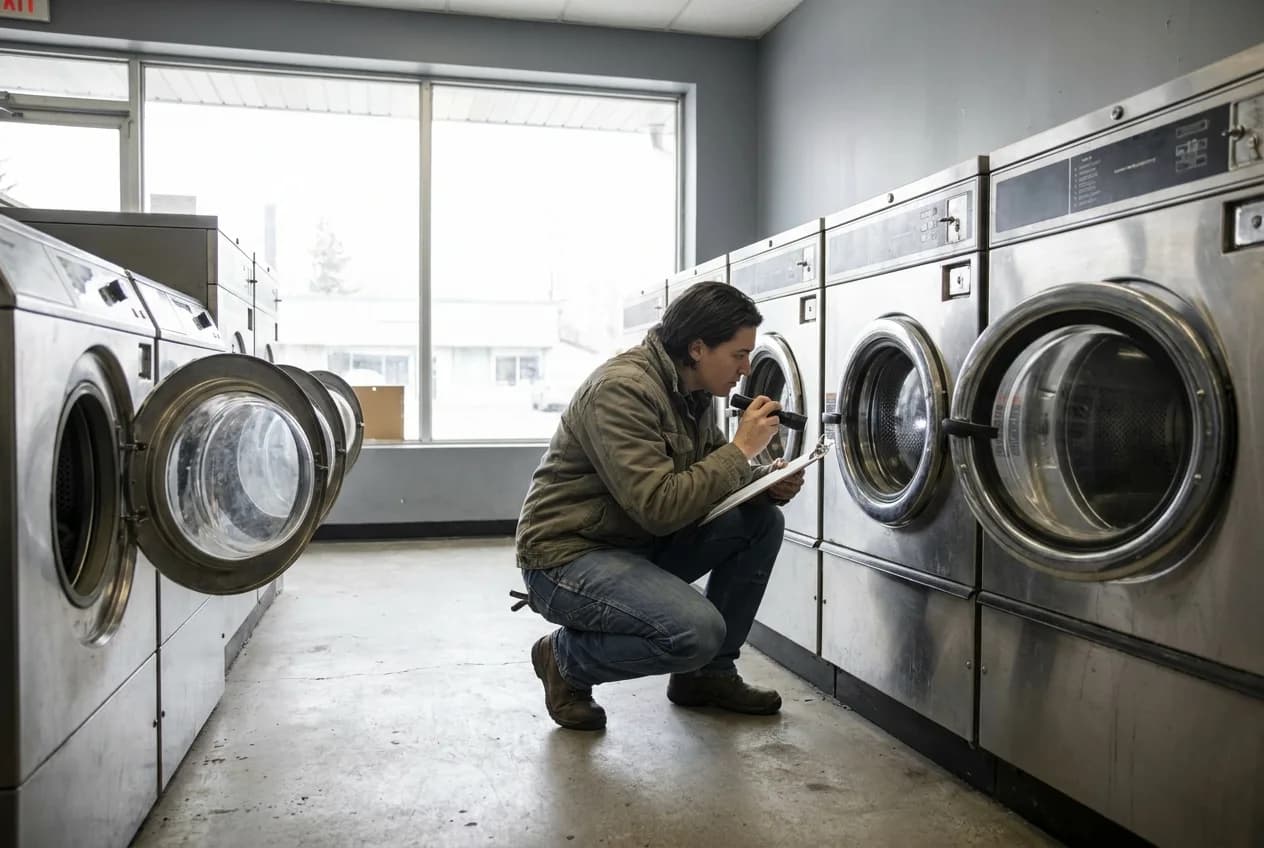 Row of aging commercial washers being assessed for replacement in a laundromat