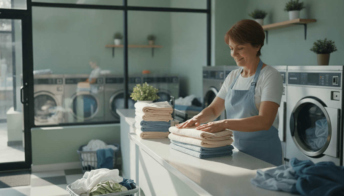 An owner working in an attended laundromat offering wash-dry-fold