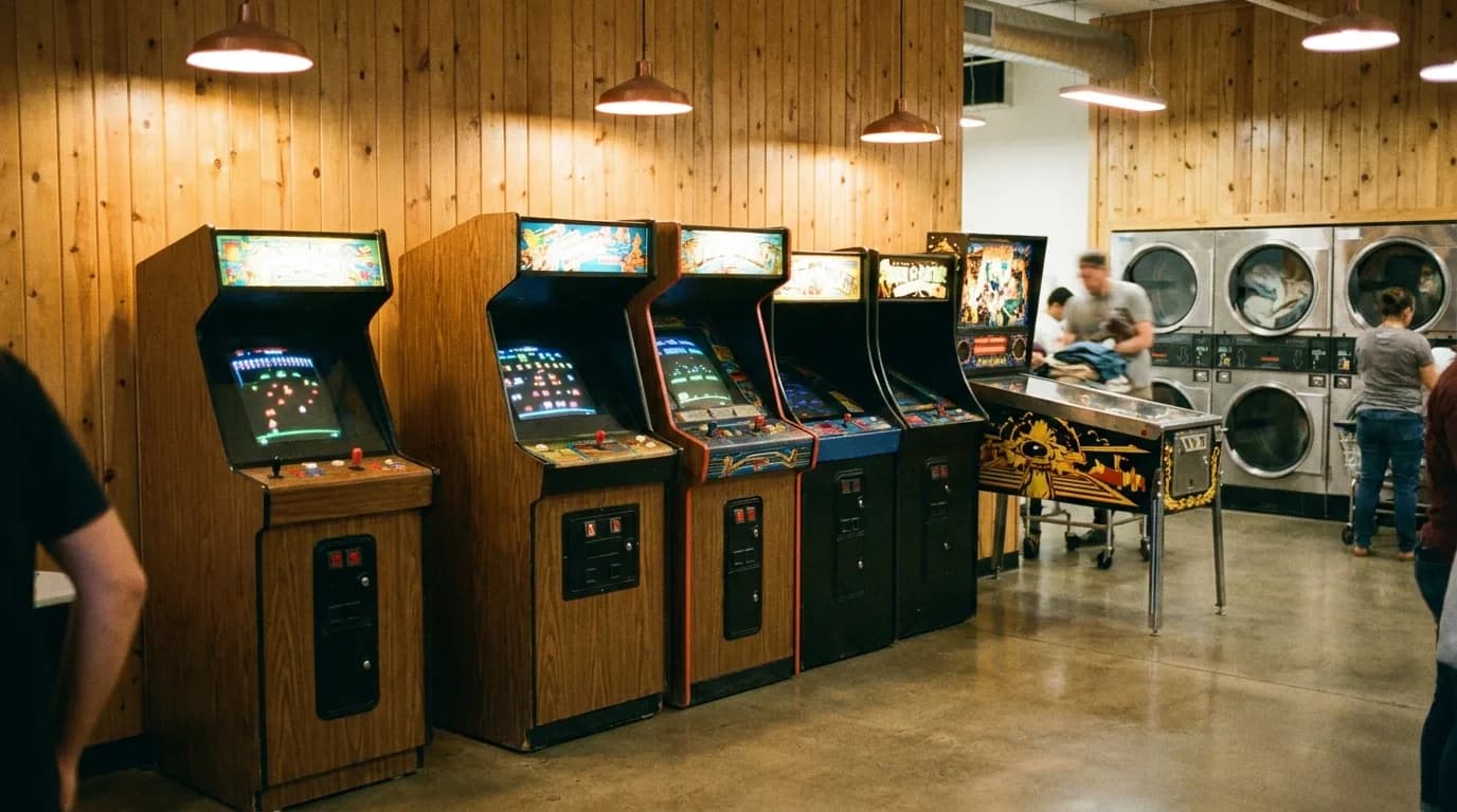 Row of arcade cabinets and a pinball machine along a laundromat wall with washers in the background