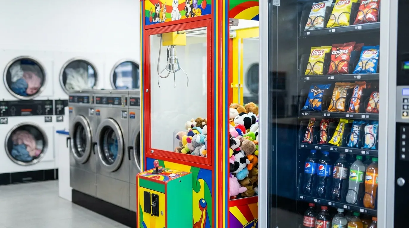 Claw crane machine filled with plush toys beside a snack and drink vending machine in a laundromat