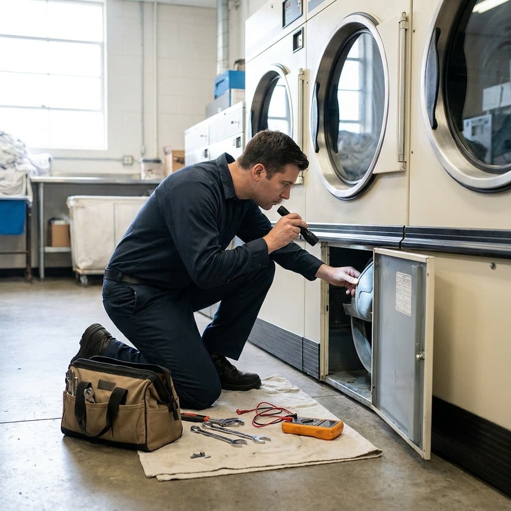 Technician inspecting a commercial dryer